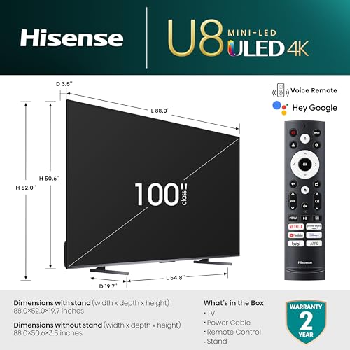 Hisense 100-Inch Class U8 Series Mini-LED ULED 4K UHD Google Smart TV (100U8K)